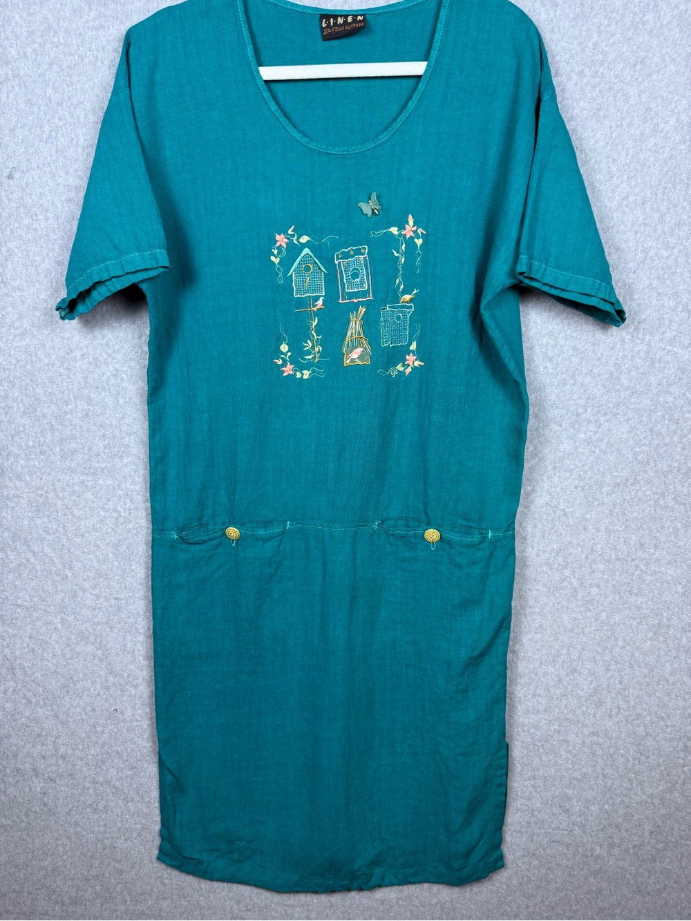 VTG Liz & Jane Teal Linen Embroidered Dress SZ M "3D" Butterfly Grandmacore